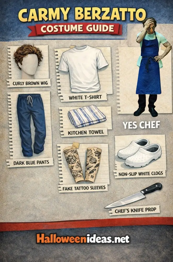 Carmy Berzatto Costume Guide Infographic — White T-Shirt, Blue Apron, Dark Blue Pants, Curly Brown Wig, Kitchen Towel, Fake Tattoo Sleeves, White Clogs, Chef's Knife Prop