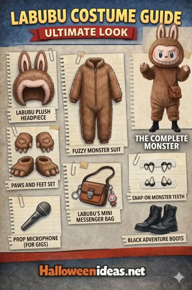Labubu Costume Guide Infographic — Fuzzy Monster Suit, Labubu Plush Headpiece, Paws and Feet Set, Snap-On Monster Teeth, Mini Messenger Bag, Black Adventure Boots, Prop Microphone