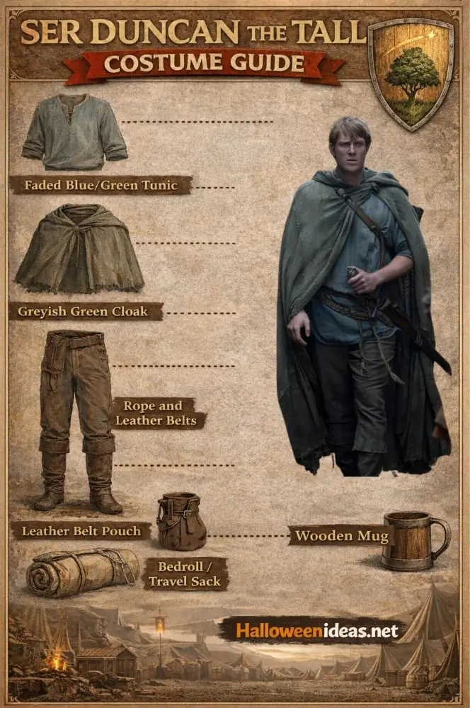 Ser Duncan the Tall costume guide infographic — faded blue-green tunic, greyish green cloak, medieval trousers, rope and leather belts, medieval boots, leather belt pouch, wooden mug, bedroll and travel sack