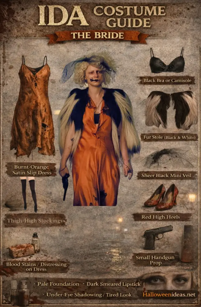 Ida from The Bride costume guide infographic — burnt-orange satin slip dress, birdcage veil, red high heels, thigh-high stockings, Ida wig, toy revolver, goth eyeshadow, fake blood makeup