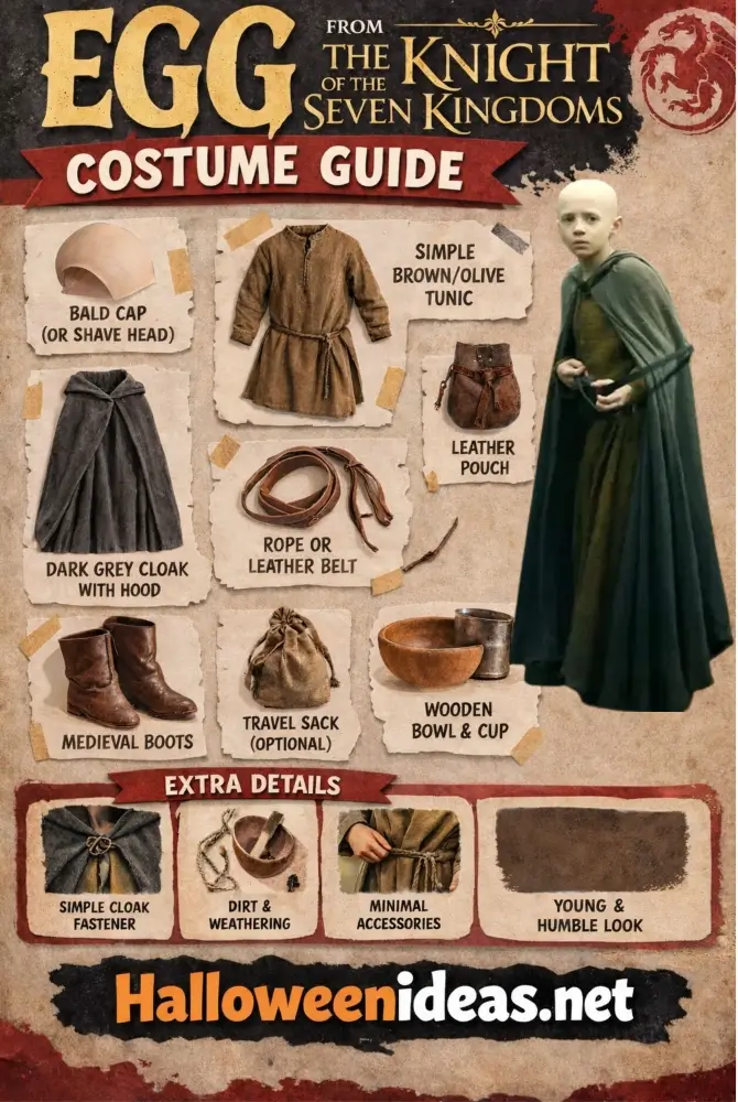 Egg costume guide infographic — Medieval tunic, dark grey hooded cloak, medieval boots, rope belt, bald cap, leather pouch, wooden bowl and cup