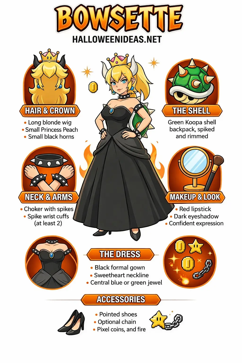 Bowsette Costume Guide Infographic — Hair & Crown, Neck & Arms, The Shell, Makeup & Look, The Dress, Accessories