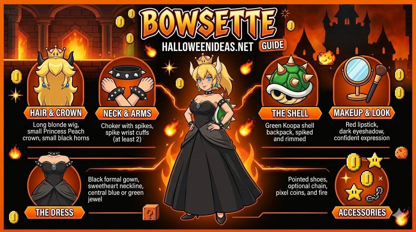Bowsette Costume Guide Infographic — Hair & Crown, Neck & Arms, The Shell, Makeup & Look, The Dress, Accessories