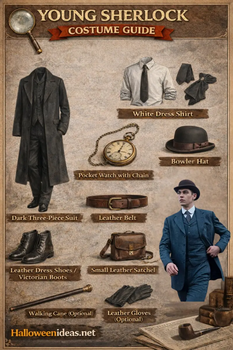 Young Sherlock costume guide infographic — dark three-piece suit, white dress shirt, Victorian cravat, bowler hat, leather belt, pocket watch with chain, vintage dress shoes, vintage satchel, leather gloves, walking cane